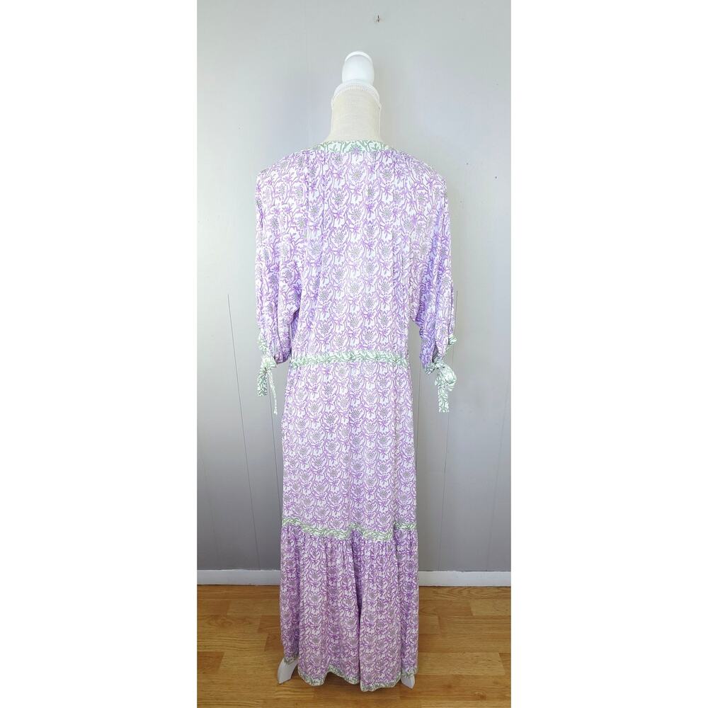Cactus + Pearl Purple Green Floral Maxi Dress XXL Tie Sleeve Boho Cottagecore - Picture 3 of 15